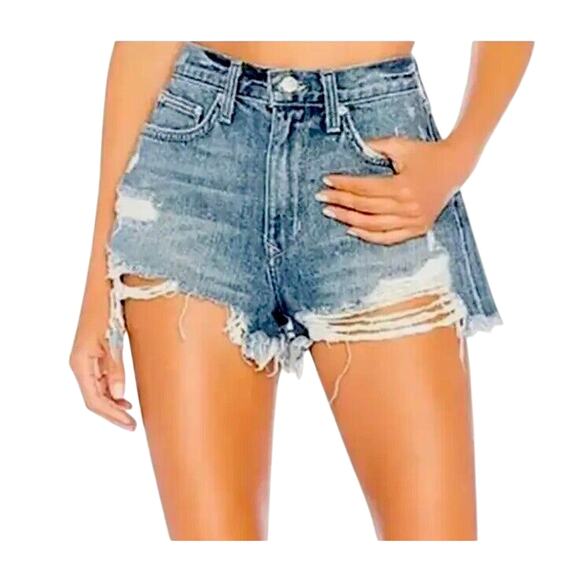 Lovers & Friends Axel Jean Distressed Cut Off High Rise Short Conrad Wash 25 - Picture 1 of 16